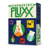 Image of the game box for Chemistry Fluxx with blue and white box, green logo, and images of chemical elements