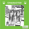 Social media image for Nanofictionary with a green Character card image of Evil Twins looking at each other at a bus stop