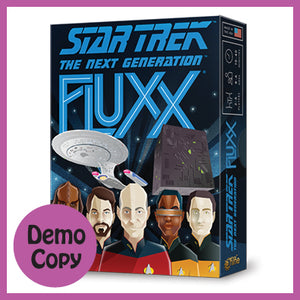 Image of game box for Star Trek: TNG Fluxx with a pink circle that reads DEMO COPY