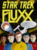 Flat front of box image for Star Trek Fluxx featuring the Enterprise plus Kirk, Spok, McCoy, Scotty, and Uhura