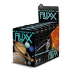 Display box with six games for Astronomy Fluxx with a black background, blue logo, and images of 8 planets