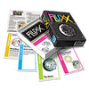 Box and contents image for Fluxx 5.0 showing 4 cards including The Moon, Day Dreams, and Steal a Keeper