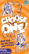 Flat front of box image for Choose One with orange background ad ann illustration of boy and girl reading each others minds