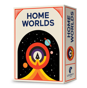 Image of game box for Homeworlds with a star filled background and images of saturn and mars