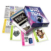 Box and contents image for Doctor Who Fluxx showing 5 cards including The 4th Doctor, K 9, and a Dalek