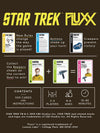Flat back of box image for Star Trek Fluxx showing 6 cards including: James T. Kirk + Phaser = Phasers on Stun!