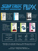 Flat back of box image for Star Trek: TNG Fluxx showing 6 cards including: Jean-Luc Picard + USS Enterprise = Captain of the Enterprise