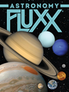 Flat front of box image for Astronomy Fluxx with a black background, blue logo, and images of 8 planets