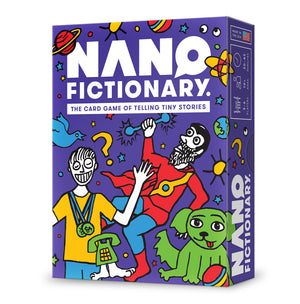 Image of the game box for Nanofictionary with a purple background and colorful characters from the game