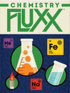 Flat front of box image for Chemistry Fluxx with blue and white box, green logo, and images of chemical elements
