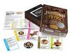 Box and contents image for Jumanji Fluxx showing 5 cards including Dr Smolder Bravestone and The Sound of Drums
