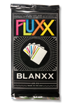 Image of the foil packaging for Fluxx Blanxx Expansion with a colorful FLUXX logo and an image of 5 mostly blank cards