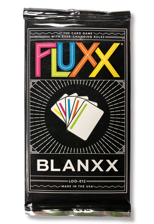 Image of the foil packaging for Fluxx Blanxx Expansion with a colorful FLUXX logo and an image of 5 mostly blank cards