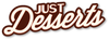 Logo for Just Desserts with brown and white letters on a white background
