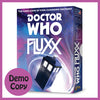 Image of game box for Doctor Who Fluxx with a pink circle that reads DEMO COPY