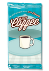 Image of the foil packaging for Just Coffee Expansion with a light blue background and a picture of a coffee cup