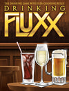 Flat front of box image for Drinking Fluxx with a background depicting a bar with 3 drinks: Coke, Wine, and Beer
