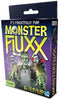 Image of game box for Monster Fluxx (hang tab) with a purple box, yellow logo, and images of a Skeleton, Dracula, and Frankenstein's Monster