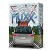 Image of game box for Across America Fluxx with a mountain and sky background and an illustration of people driving in a car packed for a road trip.
