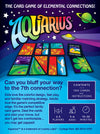 Flat back of box image for Aquarius with a layout of colorful cards and a short description of the game