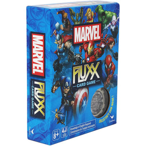 Image of game box for Marvel Fluxx with blue background covered with various Marvel characters