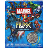 Flat front of box image for Marvel Fluxx with blue background covered with various Marvel characters