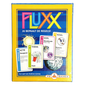 Image of game box for Dutch Fluxx 5.0 with a yellow border, colorful logo, and 4 sample cards