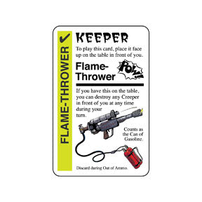 Promo card image for The Flamethrower with a green stripe, KEEPER header, and an illustration of a Flame Thrower