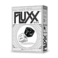 Image of game box for Fluxx Dice Expansion featuring a black and white logo and an image of two dice showing Play All and Draw 2