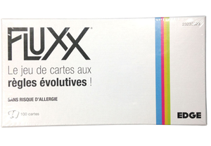 Image of game box for French Fluxx 5.0 (2014) with a white box, black logo, and simple colorful stripe
