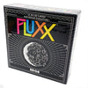 Image of game box for French Fluxx 5.0 (2016) with a black box, colorful logo, and black and white image of the moon