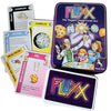 Image of game tin for German Fluxx 4.0 showing an illustration of Andy Looney playing Fluxx with a Mom and daughter