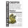Promo card image for Hastur with a black stripe, CREEPER header, and an illustration of Hastur