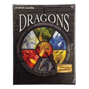 Image of game box for Hungarian Seven Dragons with a circle containing images of the 7 dragons
