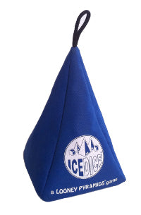 Photo of a Empty Ice Dice Bag showing a blue cloth bag shaped like a pyramid, with a while Ice Dice logo on it