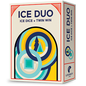 Image of game box for Ice Duo with logo showing intertwined rings in multiple shades of blue