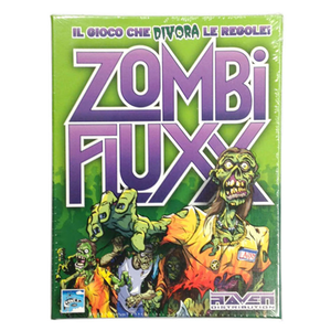 Image of game box for Italian Zombie Fluxx with a green background and a Zombie named Larry
