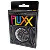 Image of game box for Japanese Fluxx 5.0 with a black box, colorful logo, and black and white image of the moon