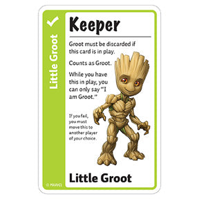 Promo card image for Little Groot with a green stripe, KEEPER header, and a picture of Little Groot