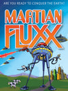 Flat front of box image for Martian Fluxx with a blue box and orange logo and an image of a three legged tripod picking up a cow