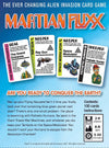 Flat back of box image for Martian Fluxx showing 4 cards and the tagline: The Ever Changing Alien Invasion Card Game
