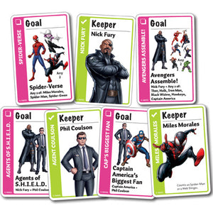 Contents image for Marvel Fluxx Exclusive Card Pack showing images of the 7 cards that come in the pack