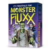 Image of game box for Monster Fluxx with a purple box, yellow logo, and images of a Skeleton, Dracula, and Frankenstein's Monster
