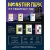 Flat back of box image for Monster Fluxx with the tagline: It's Frightfully Fun, and Zombies + The Tombstone = Zombie Uprising