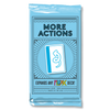 Image of the foil packaging for More Actions Fluxx Expansion with a light blue background an image of the Action swirly arrow