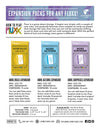 Sell Sheet for More Rules Fluxx Expansion showing specs for all 3 of the MORE packs