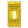 Image of the foil packaging for More Rules Fluxx Expansion with a yellow background an image of the New Rules flower symbol