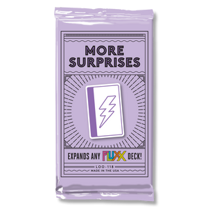 Image of the foil packaging for More Surprises Fluxx Expansion with a light purple background and an image of the Surprise lightening bolt