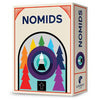 Image of game box for Nomids with colorful logo showing a tree of all 10 colors of pyramids