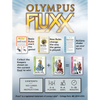 Flat back of box image for Olympus Fluxx showing sample cards including: Aphrodite + Eros = Love